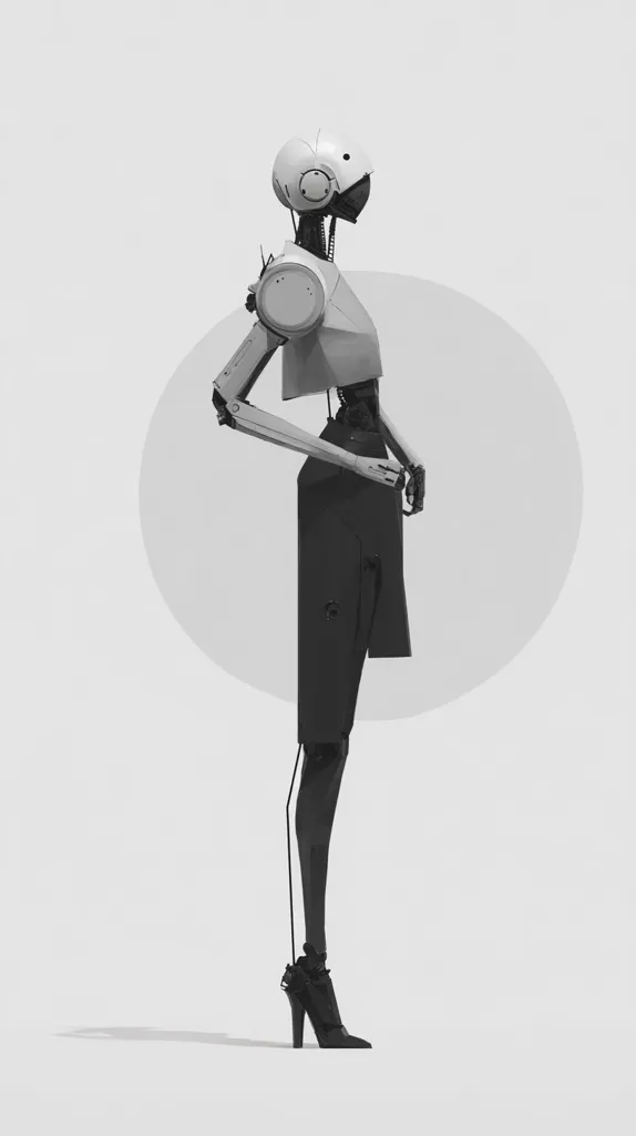 A stylized monochrome illustration depicts a female robot in profile.  The robot possesses a sleek, minimalist design with a white head and torso, contrasted by a dark skirt and high-heeled shoes. Its mechanical limbs are visible, suggesting a blend of technology and femininity.  The robot stands against a light gray background with a large, subtly shaded circle behind it.