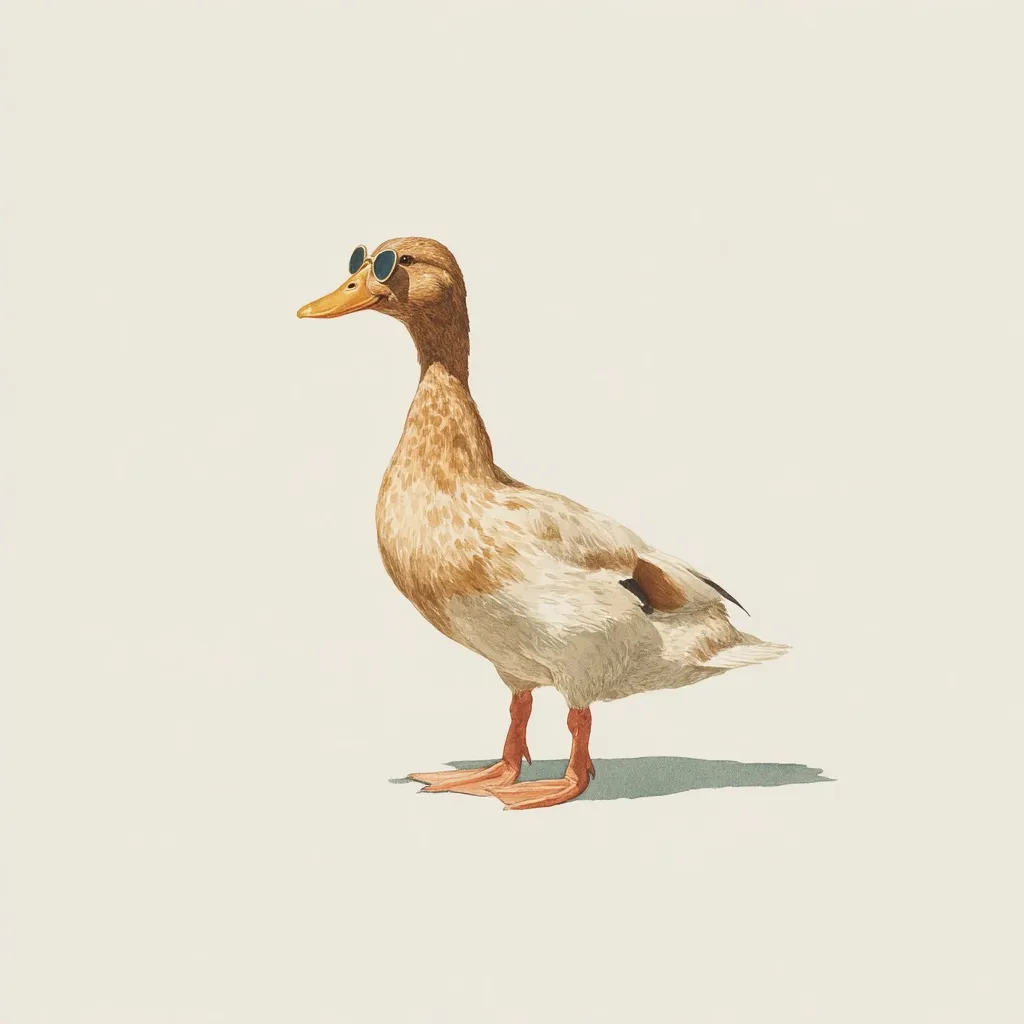 A light brown duck, sporting small, round sunglasses, stands against a pale background.  Its plumage is a blend of beige and light brown, and its legs are a soft orange.  The duck is depicted in profile view, facing left, casting a subtle shadow on the surface below.  The overall style is clean and minimalist.