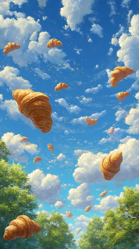 A whimsical illustration depicts numerous croissants floating amidst a vibrant blue sky dotted with fluffy white clouds.  The pastries of varying sizes drift lazily against a backdrop of lush green trees, creating a surreal and charming scene.  The overall atmosphere is light, airy, and dreamlike.  Golden sunlight bathes the landscape, enhancing the warm tones of the croissants.