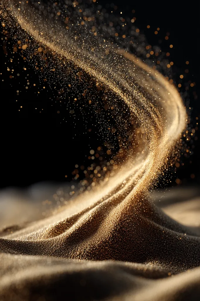 A swirling vortex of golden particles against a black background creates a mesmerizing spectacle.  The glittering dust forms a dynamic, undulating wave, with smaller particles scattering in its wake.  The texture is richly detailed, showcasing the individual grains of the material as it flows and accumulates, creating a sense of movement and luxury.