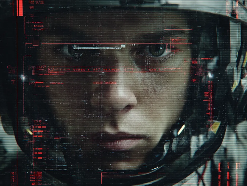 A close-up shot reveals a person's face, partially obscured by a helmet's visor.  The visor displays a futuristic, data-heavy HUD overlay with red alphanumeric characters and graphical elements. The individual's expression is serious, their gaze intense. The overall aesthetic is dark, gritty, and technologically advanced, suggesting a science fiction or space-exploration setting.