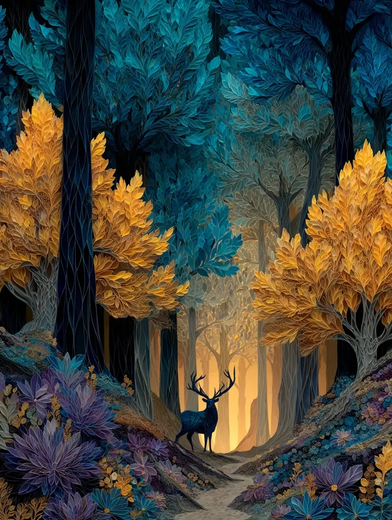 A majestic stag stands in a sun-dappled forest path.  Intricate paper-like trees in shades of teal and gold create a fantastical atmosphere.  Purple and yellow flowers bloom along the path's edges, adding vibrant contrast to the serene scene.  The overall effect is one of quiet beauty and magical realism.