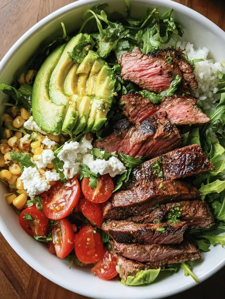 A vibrant and healthy bowl features grilled steak slices atop a bed of arugula.  The bowl is completed with additions of sliced avocado, corn, cherry tomatoes, crumbled feta cheese, and a side of white rice. The colors and textures combine for a visually appealing and appetizing meal.