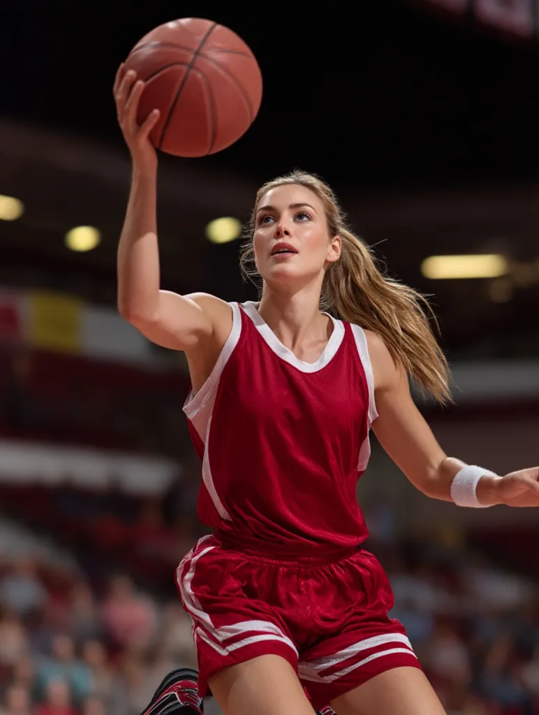 A female basketball player, wearing a red jersey and shorts, is captured mid-jump shot.  Her blonde hair is pulled back, and she's focused intently on the ball held high above her head.  The background is blurred, showing the stadium lights and a crowd in a darkened arena. The image emphasizes the athlete's concentration and athleticism.