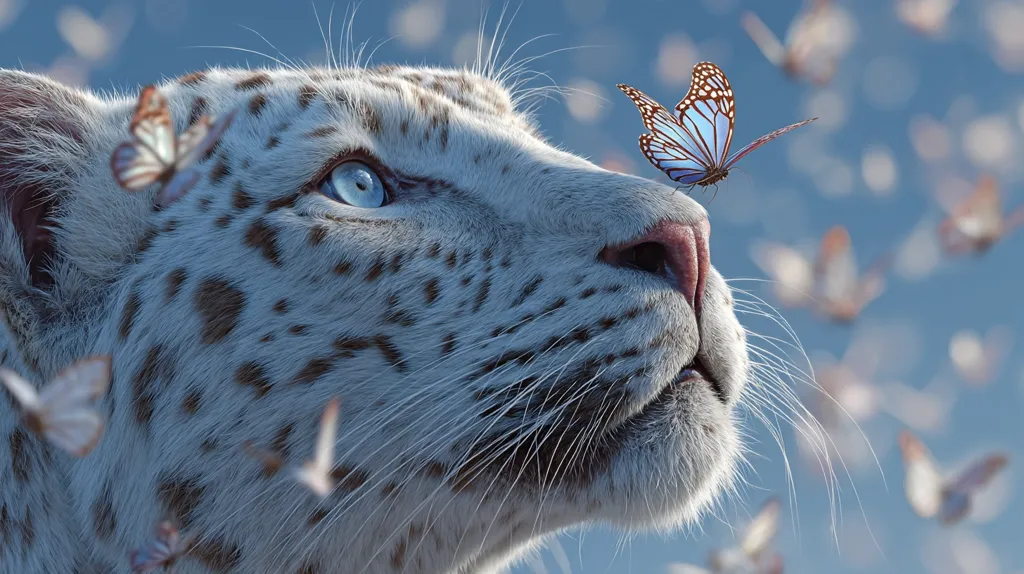 A close-up depicts a white tiger's face, its piercing blue eyes gazing upwards.  Numerous delicate butterflies flutter around it, one resting near its nose. The tiger's fur is detailed, showing its spots and soft texture.  The background is a soft, blurred blue, suggesting a serene and ethereal atmosphere.  The image evokes a sense of peace and tranquility.