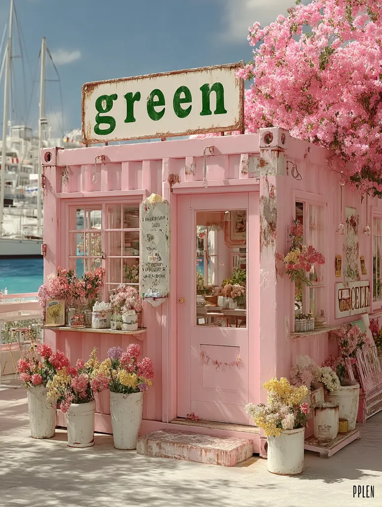 A charming pink flower shop, housed in a repurposed shipping container, sits by a marina.  Its "Green" sign contrasts with the pastel building, adorned with blooming pink flowers.  Various floral arrangements are displayed outside, adding to the idyllic scene.  The shop's weathered pink paint and rustic details create a quaint and inviting atmosphere.