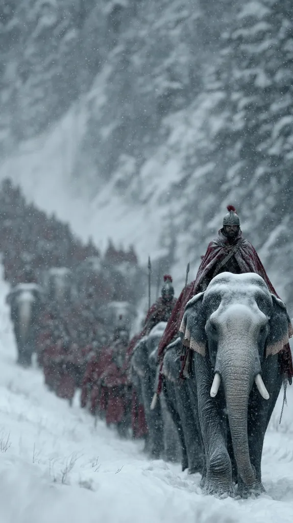 A Roman legion marches through a snowy, forested landscape.  The soldiers, clad in red cloaks, ride on elephants, their bodies dusted with snow.  The lead elephant is prominently featured, its tusks visible.  The scene evokes a sense of cold and arduous military campaign in a harsh winter environment.  The depth of field emphasizes the leading elephant and soldier, blurring the rest of the legion into a snowy haze.