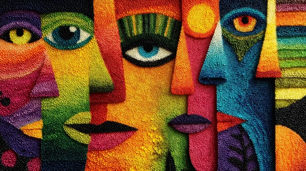 A vibrant, abstract artwork depicts multiple faces interwoven.  The style is Cubist-influenced, with fragmented features and bold colors.  The faces are rendered with a textured, almost beaded surface, creating a three-dimensional effect.  The dominant colors are bright oranges, yellows, greens, and blues, creating a striking visual contrast.  The overall impression is one of energy and complexity.