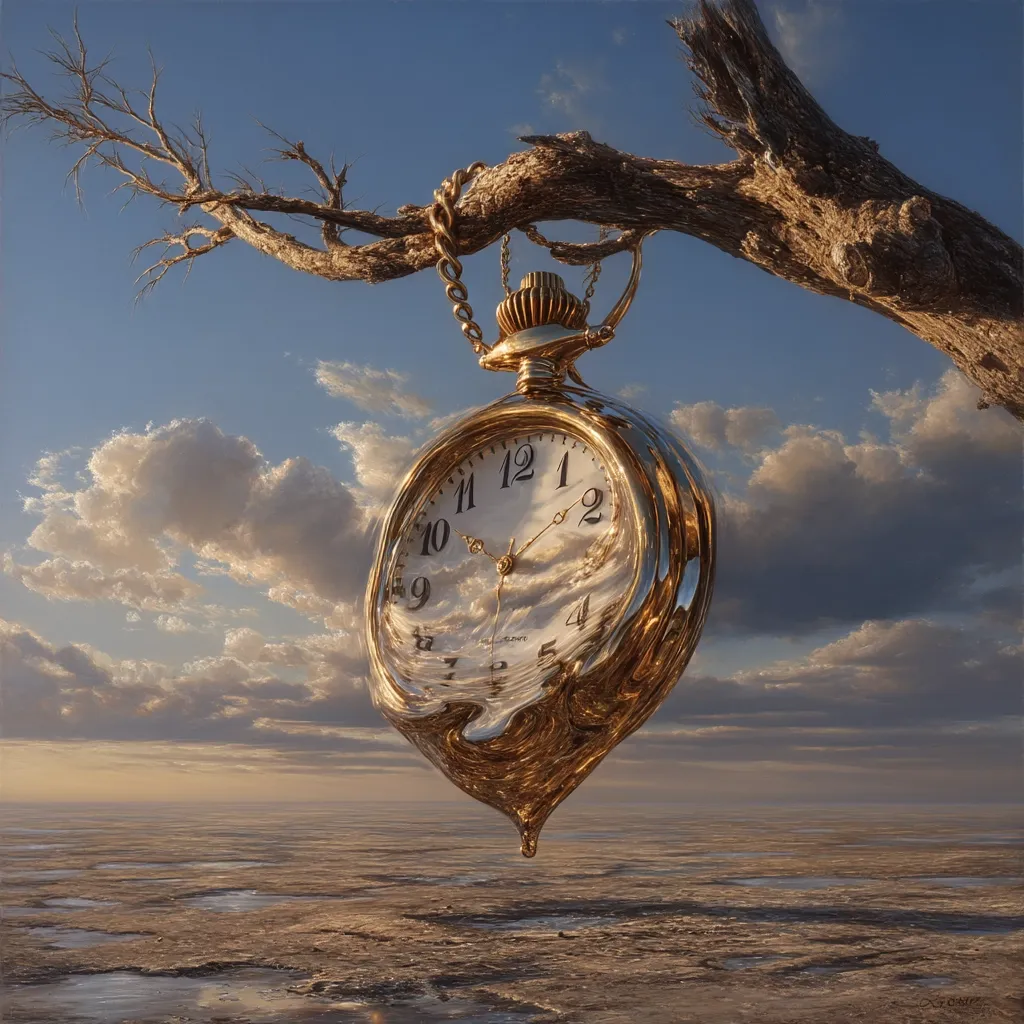 A surreal landscape unfolds beneath a melting gold pocket watch hanging from a barren tree branch.  The watch, seemingly melting like wax, reflects a serene, cloudy sky. The expansive, arid land stretches to the horizon, evoking feelings of time's passage and the transient nature of existence. The image is a striking blend of realism and dreamlike imagery.