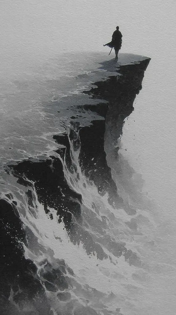 A solitary figure, cloaked and seemingly armed, stands on a precipice overlooking a turbulent, grey sea.  The monochrome palette emphasizes the dramatic contrast between the lone individual and the immense, unforgiving power of nature.  Fog obscures the distant horizon, adding to the sense of isolation and mystery. The cliff face is rugged, with water cascading down its sides, creating a powerful and evocative scene.