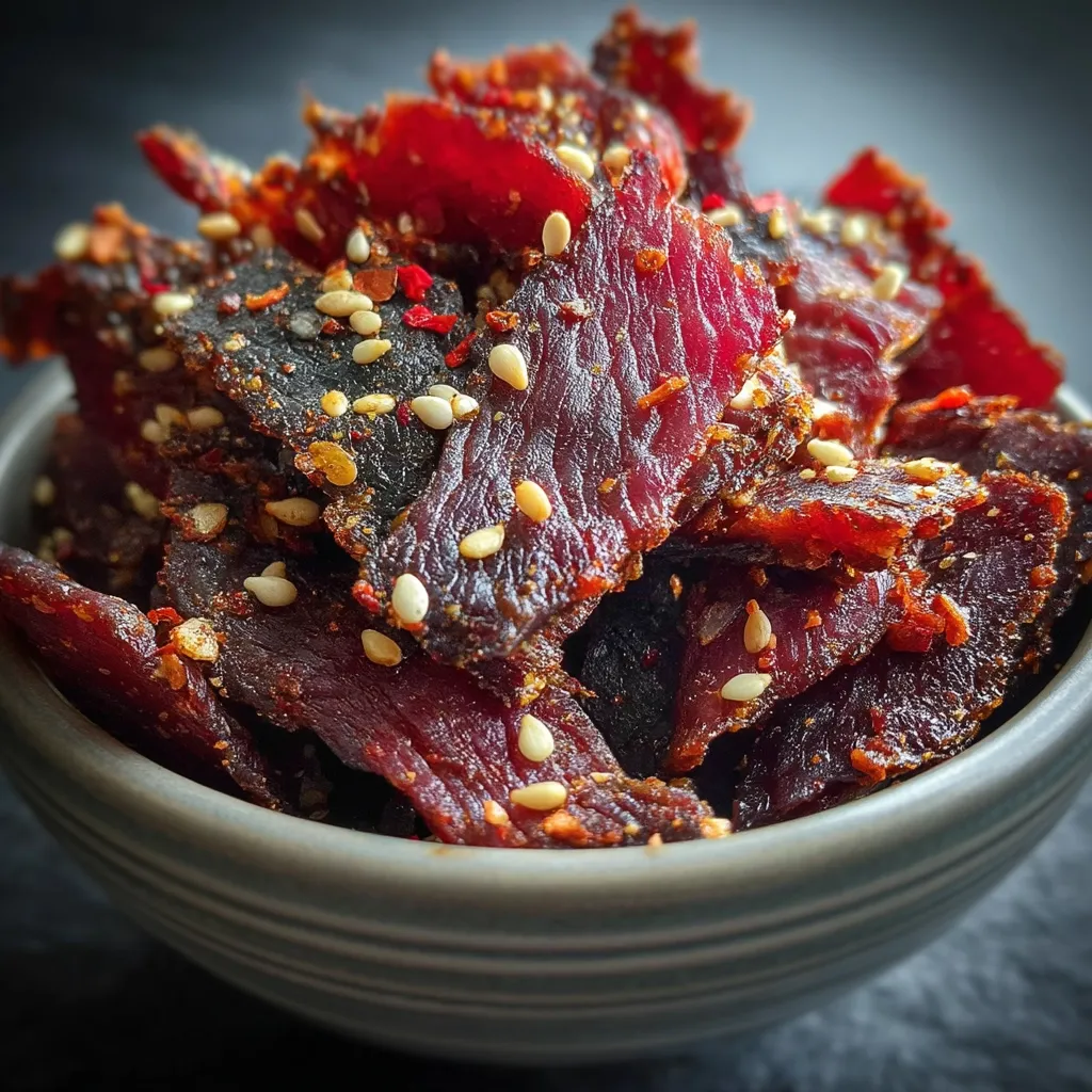 A small gray bowl is filled with thinly sliced, seasoned beef jerky. The jerky is dark red-brown and coated in sesame seeds and a blend of spices.  The pieces are arranged somewhat haphazardly, suggesting a generous portion. The overall impression is one of savory deliciousness.