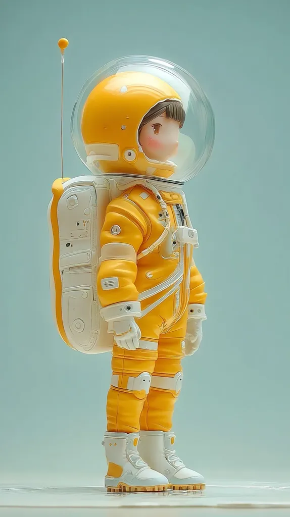 A charming figurine of a young girl astronaut stands against a muted blue backdrop.  She's dressed in a bright yellow spacesuit with white accents, complete with a clear helmet and a backpack. The overall style is cute and stylized, with soft features and a slightly retro aesthetic.  The figurine's pose is relaxed, suggesting a moment of quiet contemplation in space.