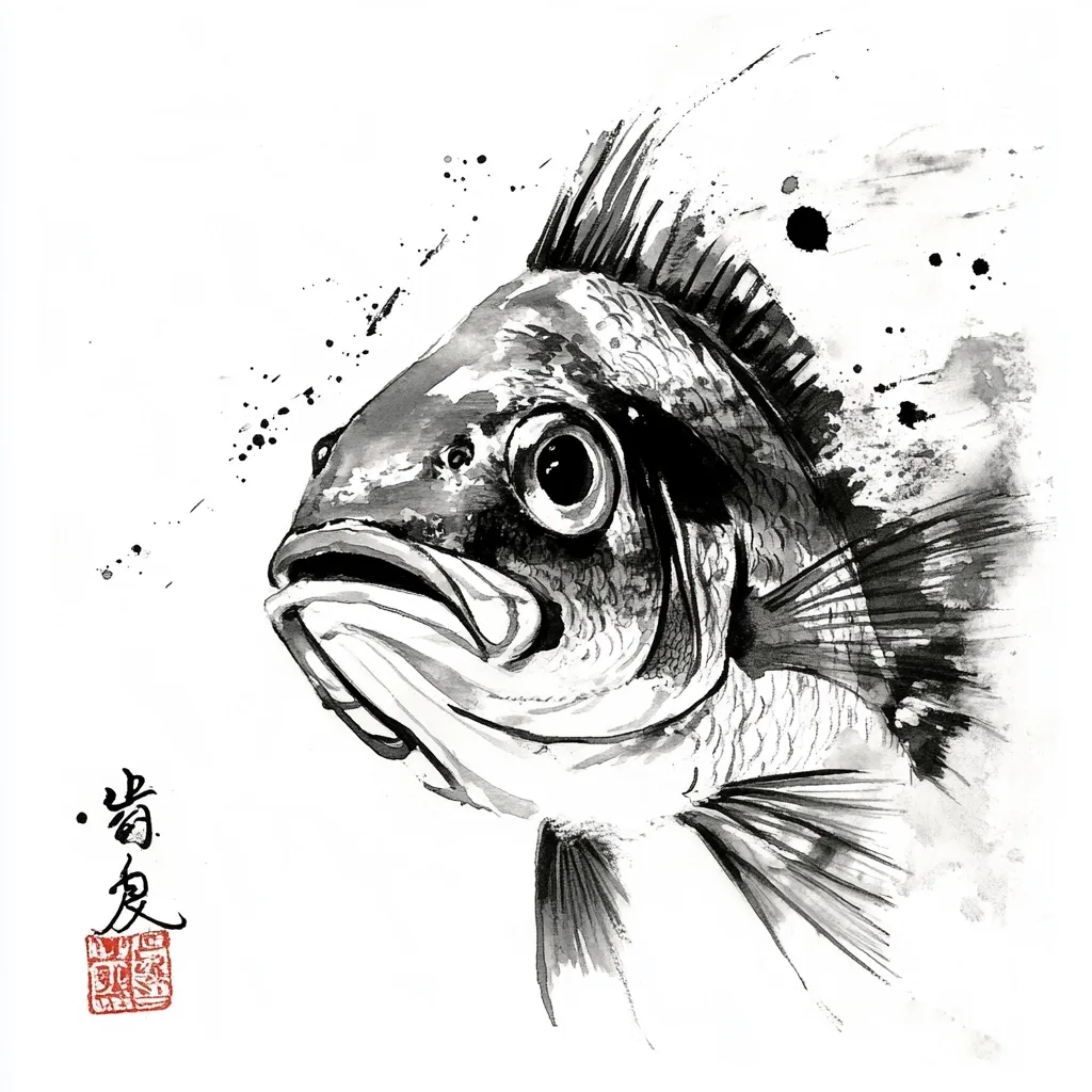 A monochrome ink painting showcases a fish's head and upper body, rendered in a style reminiscent of sumi-e.  The fish, with a prominent eye and spiky dorsal fin, is depicted with expressive detail.  The artist uses splashes of ink to create a dynamic background, enhancing the fish's presence. A stylized signature and seal are subtly placed in the lower left corner.