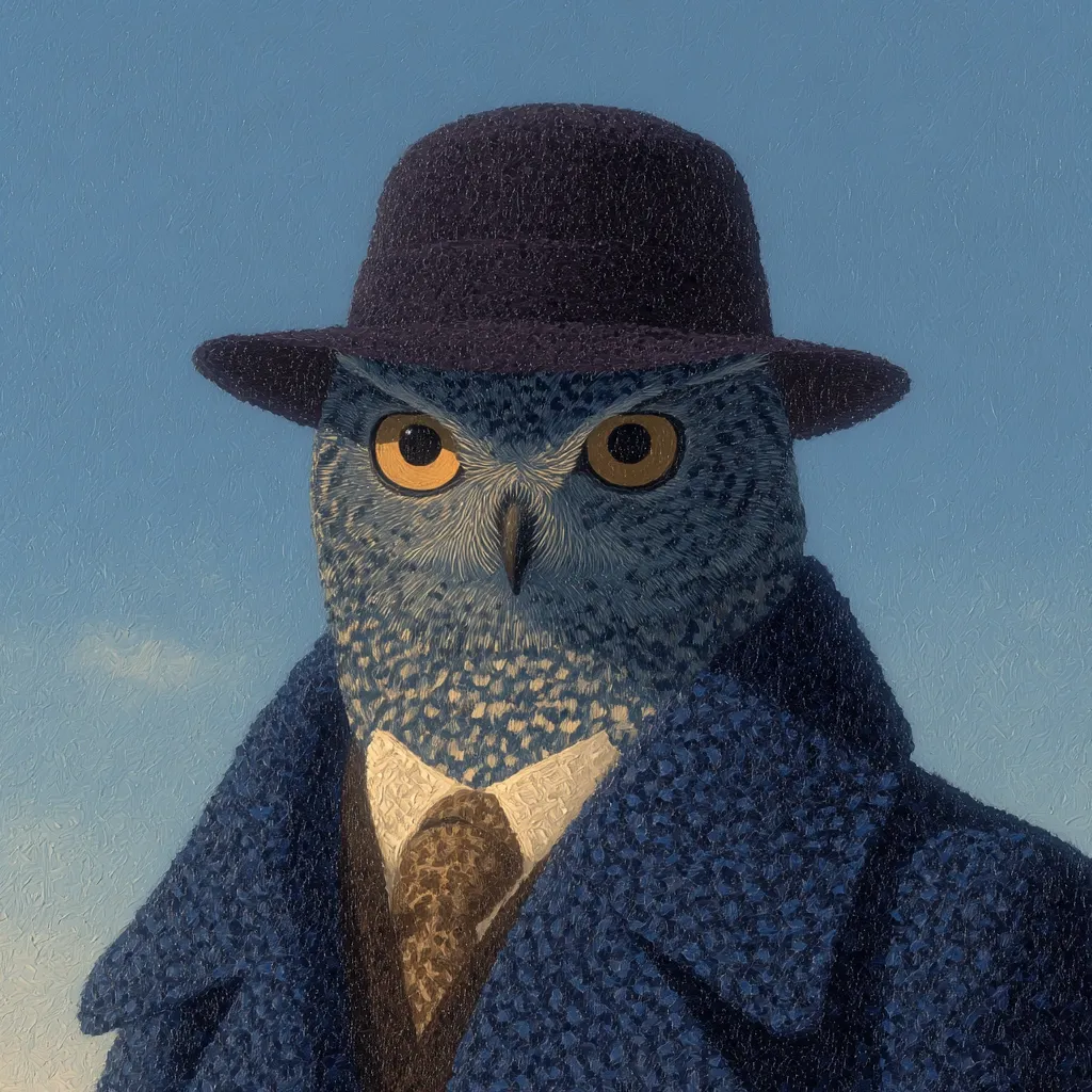 A stylized portrait of an owl, depicted in a human-like manner.  The owl wears a dark fedora, a blue coat, and a patterned tie. Its intense gaze is directed toward the viewer against a pale blue sky background. The painting style is reminiscent of classical portraiture, with a textured, almost impasto effect.