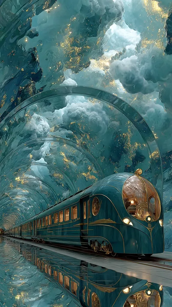 A teal and gold luxury train travels through a mesmerizing tunnel. The tunnel's ceiling is a breathtaking spectacle of swirling clouds and shimmering lights, reflected in the wet floor below.  The train's elegant design contrasts beautifully with the ethereal, dreamlike atmosphere of the tunnel, creating a surreal and captivating scene.