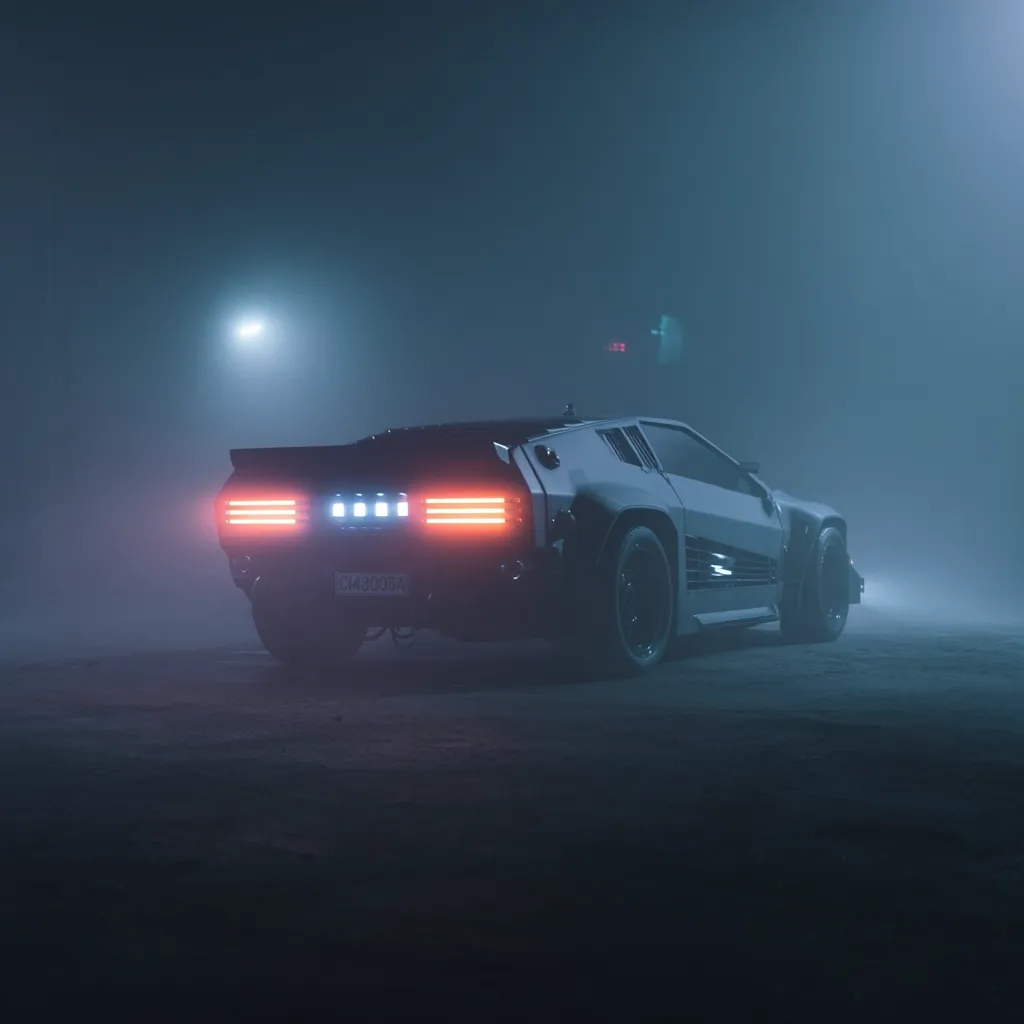 A futuristic, sleek sports car is parked in a dimly lit, foggy environment.  The car's rear is prominently displayed, showcasing its unique taillights.  A faint light source is visible in the background, adding to the mysterious atmosphere. The overall aesthetic is dark, moody, and evocative of a cyberpunk or science fiction setting.  The car's license plate is partially visible.