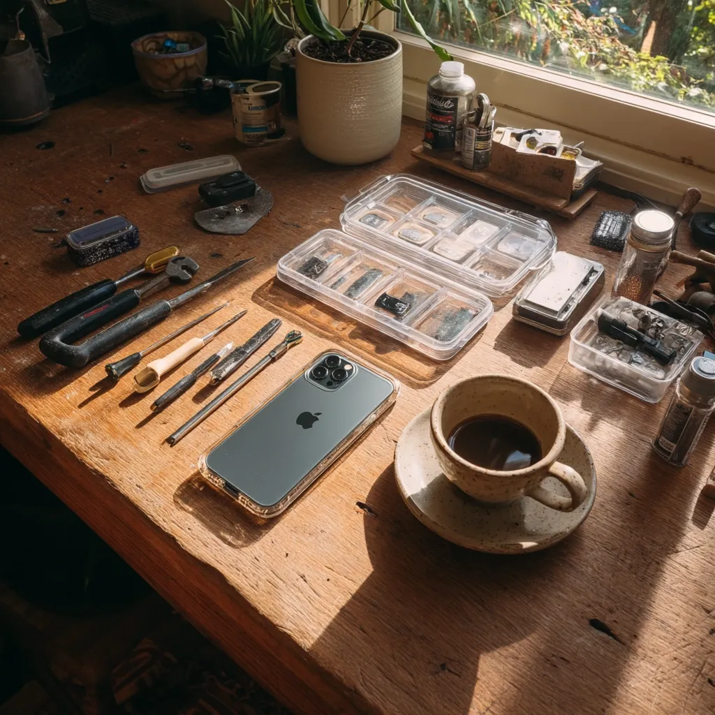A sunlit wooden workbench displays an array of tools and small containers, suggesting a craftsperson's workspace.  A smartphone rests amongst precision instruments, including small screwdrivers and other implements.  Two clear plastic cases organize various tiny components. A cup of coffee sits on a saucer, offering a moment of repose amidst the tools and supplies.  The scene is one of meticulous work and quiet concentration.