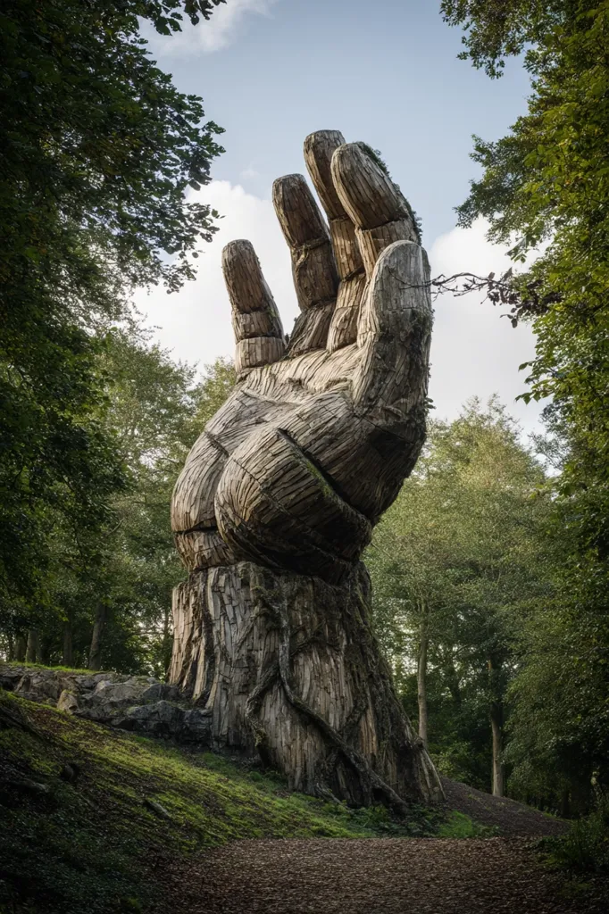 A colossal wooden hand sculpture rises from a tree stump, its fingers reaching towards a partly cloudy sky.  The immense artwork is situated within a lush green forest, the surrounding trees providing a natural frame.  The texture of the wood is rough and detailed, conveying a sense of age and power.  The overall scene is both awe-inspiring and serene.
