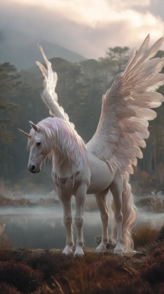 A majestic white unicorn, adorned with large, feathery white wings, stands gracefully in a misty landscape.  Its long, flowing mane and tail shimmer with a pearly sheen. The unicorn is positioned near a tranquil body of water, with a serene forest backdrop bathed in the soft light of dawn or dusk.  The scene evokes a sense of fantasy and ethereal beauty.