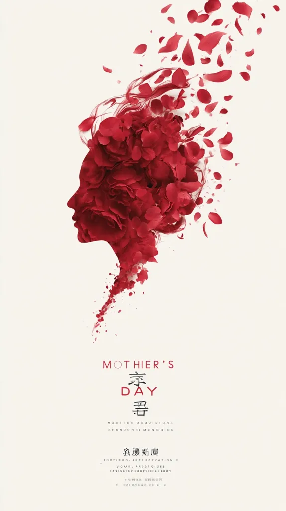 An artistic depiction of Mother's Day. A woman's profile is formed from red rose petals, seemingly dissolving into a shower of falling petals.  The image is minimalist and elegant, using the rose petals to create a delicate and evocative representation of motherhood. The title "Mother's Day" is prominently displayed along with additional text in both English and another language.