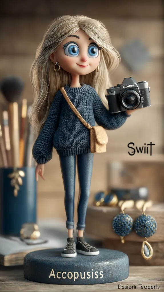 A charming 3D-rendered illustration showcases a cute girl with large eyes and blonde hair. She's dressed in a blue sweater, jeans, and sneakers, carrying a small crossbody bag.  The girl holds a vintage Canon camera, adding to her endearing and artistic persona. The image is styled with a warm, inviting background and subtle jewelry elements, enhancing the overall whimsical mood. The artist's signature is visible.