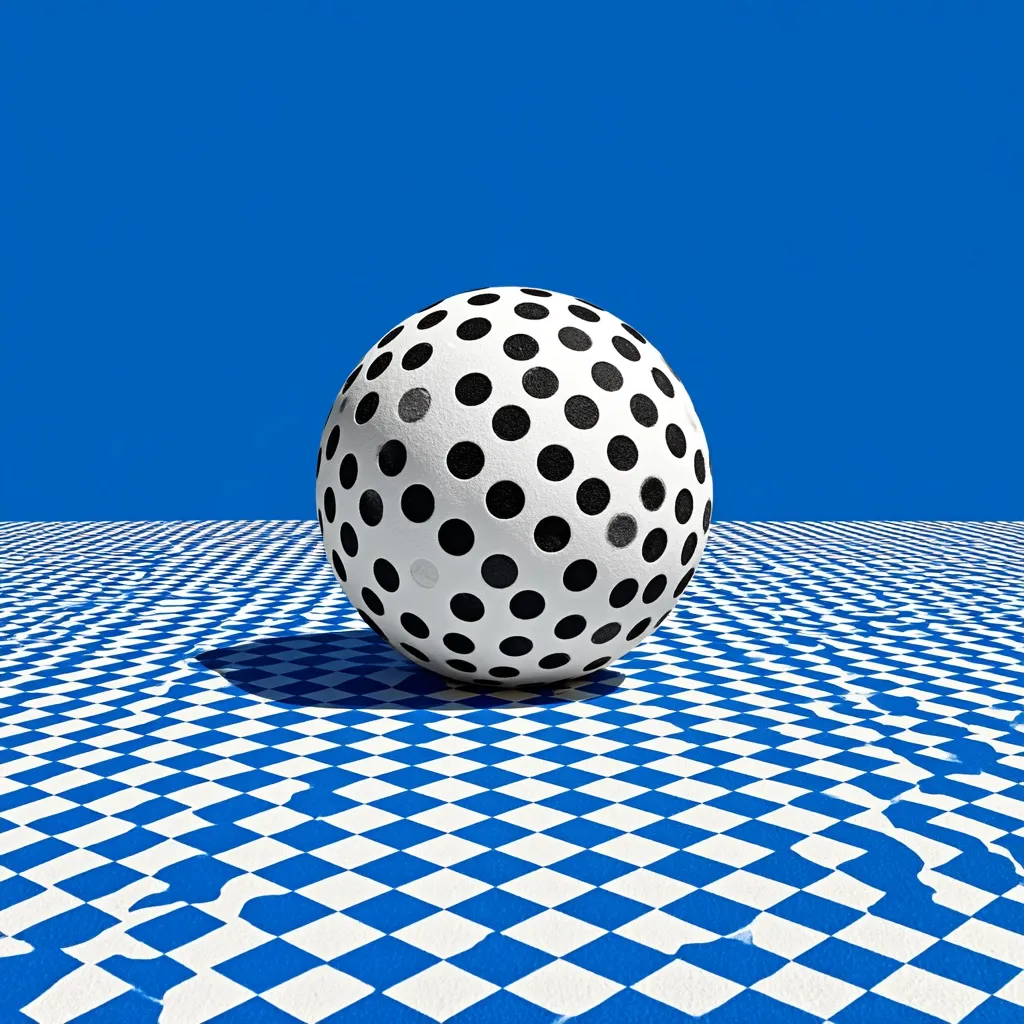 A large sphere, adorned with black polka dots on a white background, rests on a blue and white checkered surface. The surface appears slightly distorted, as if water ripples across it. The scene is set against a vivid blue backdrop, creating a striking contrast and minimalist aesthetic. The sphere casts a subtle shadow, enhancing the three-dimensionality.