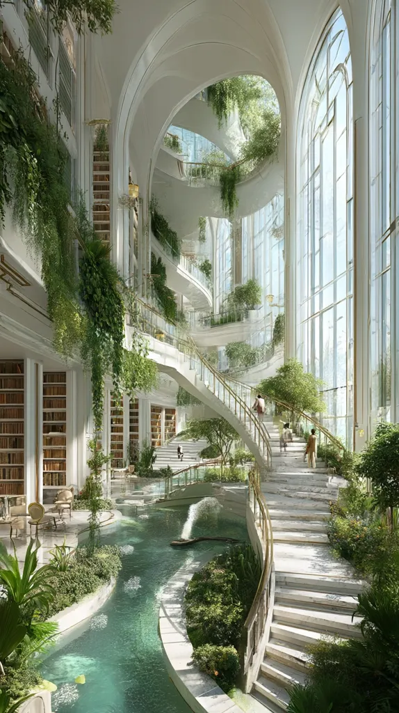 A grand, light-filled atrium features a curving staircase cascading down amidst lush greenery and a tranquil indoor waterway.  Bookshelves line the walls, creating a serene and luxurious atmosphere.  Natural light floods the space through large windows, enhancing the botanical elements integrated into the architectural design.  The scene evokes a sense of peaceful elegance.