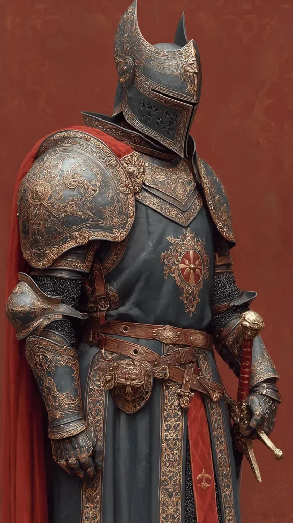 A knight in ornate, dark gray plate armor stands against a deep red backdrop.  Intricate gold detailing adorns the armor, including the helmet with its distinctive, upward-curving ear pieces.  A red surcoat is partially visible beneath the armor. The knight holds a sword, its hilt visible at his side. The level of detail showcases the craftsmanship and artistry of the armor.