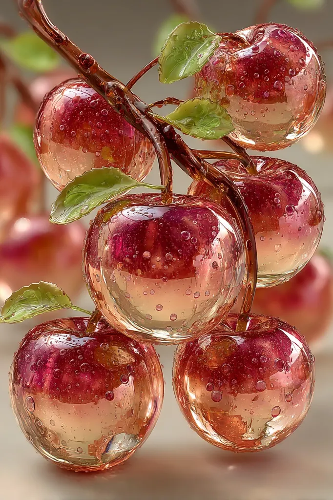A digital rendering depicts a cluster of glass apples on a branch.  The apples are translucent, revealing internal air bubbles mimicking water droplets.  They are a reddish-amber hue, and the leaves are also glass, a vibrant green. The overall effect is one of polished, glistening fruit, surreal and highly detailed.  The background is a soft, neutral tone.