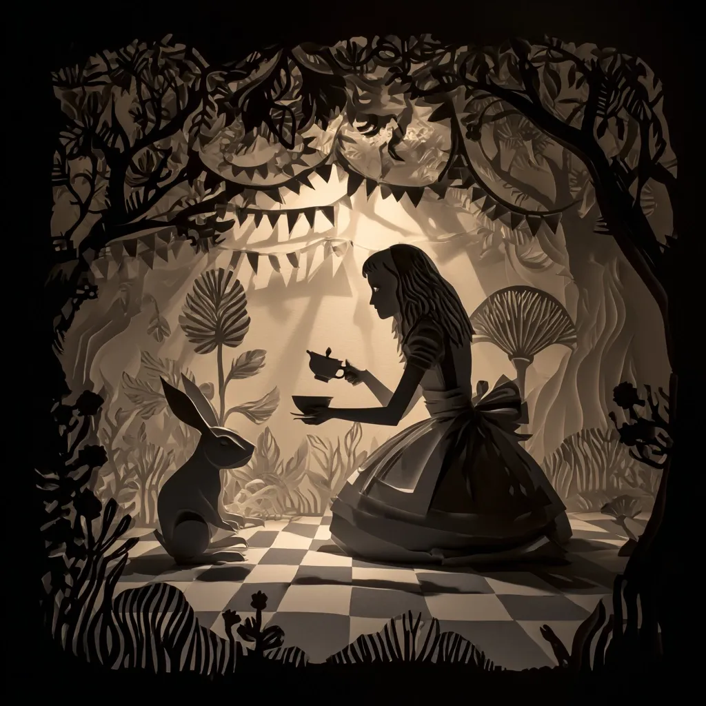 A captivating paper-cut diorama depicts Alice in Wonderland.  Alice, rendered in elegant silhouette, sits on a checkered floor, sharing tea with the White Rabbit in a whimsical, shadowy forest setting.  Intricate details in the foliage and bunting overhead create a magical atmosphere, illuminated by a soft light source. The contrast of black and white highlights the delicate artistry of the piece.