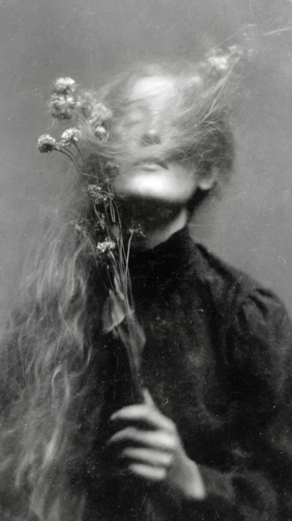 A monochromatic, dreamlike portrait captures a woman with flowing hair partially obscuring her face.  She holds a bouquet of delicate wildflowers.  The image is soft-focus, creating a hazy, ethereal atmosphere.  The overall effect is one of mystery and subtle beauty, suggesting a melancholic or introspective mood.  The grainy texture adds to the vintage quality.