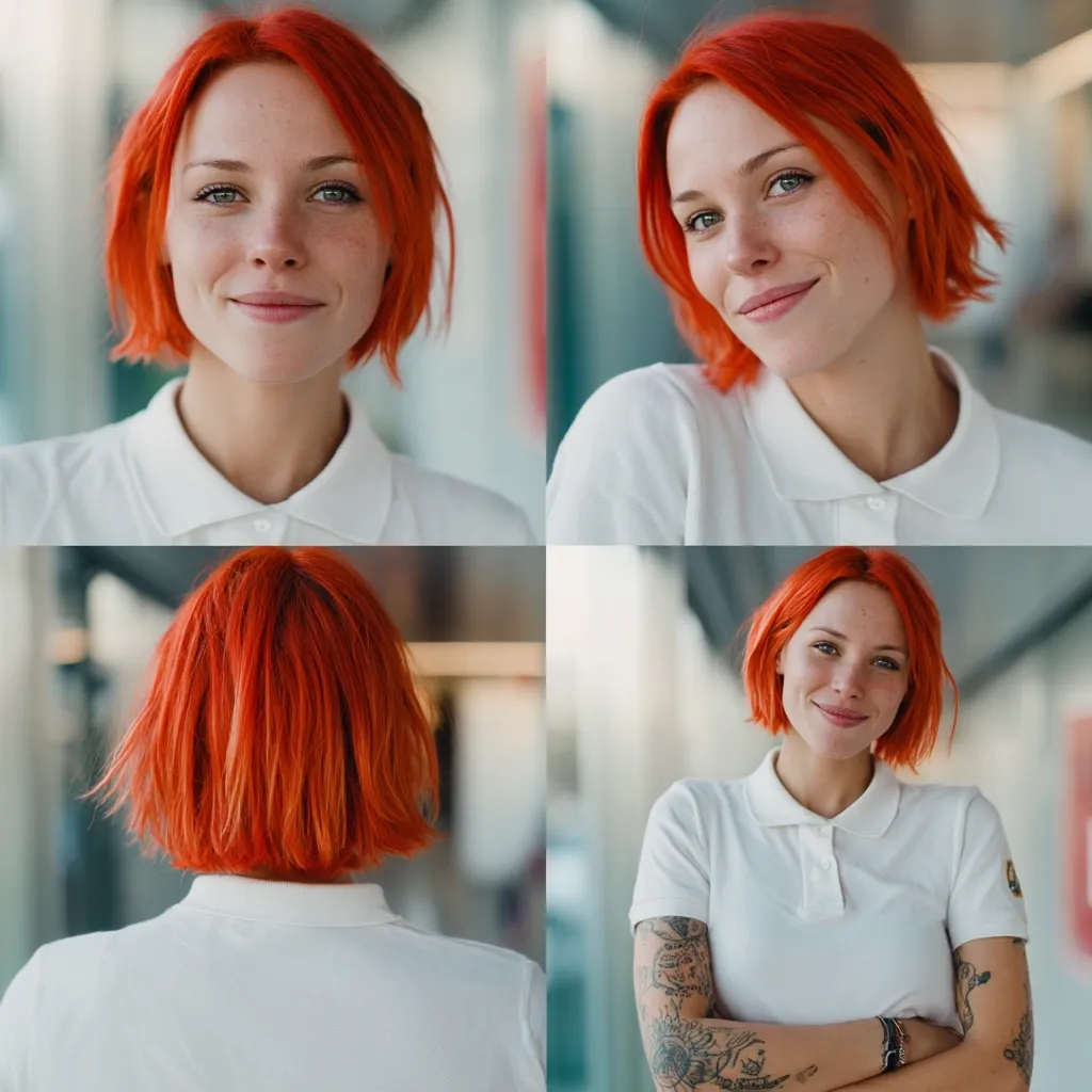 A young woman with vibrant orange, short, choppy hair is shown in four different poses.  She wears a white collared shirt in each photo. Three shots show her from the front, with varying expressions and angles, while one shows her from the back.  She has fair skin and subtle freckles. In one image, tattoos are visible on her arms.