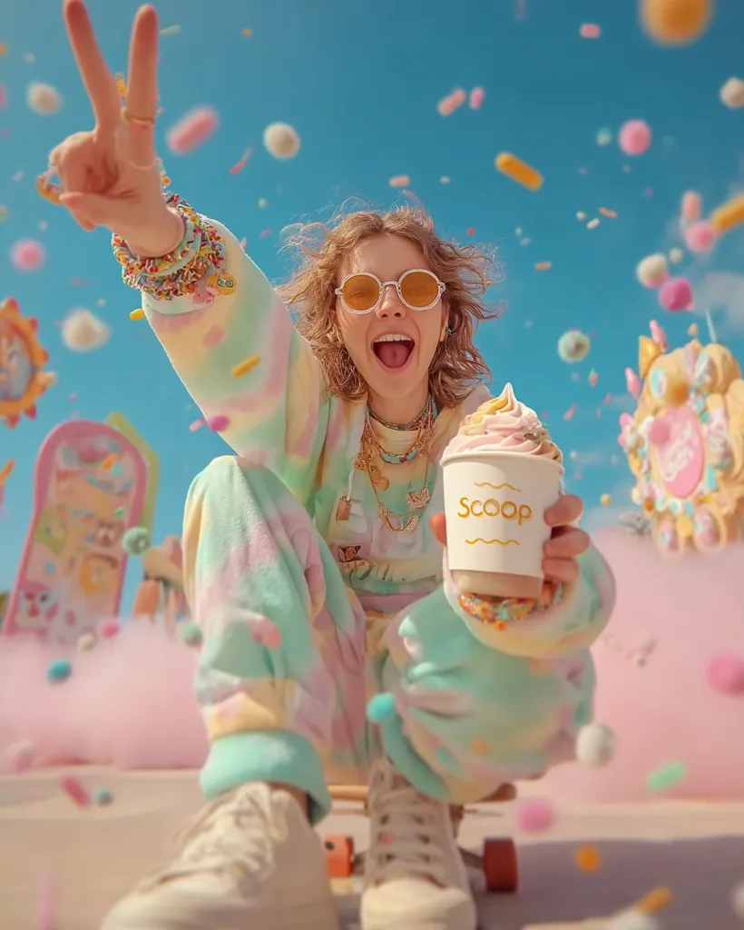 A young woman, wearing pastel tie-dye sweatpants and sunglasses, sits on a skateboard amidst a flurry of colorful sprinkles.  She holds a cup of frozen yogurt from "Scoop," giving a peace sign.  The vibrant scene features whimsical pastel-colored clouds and cartoonish decorations, creating a fun and playful atmosphere.