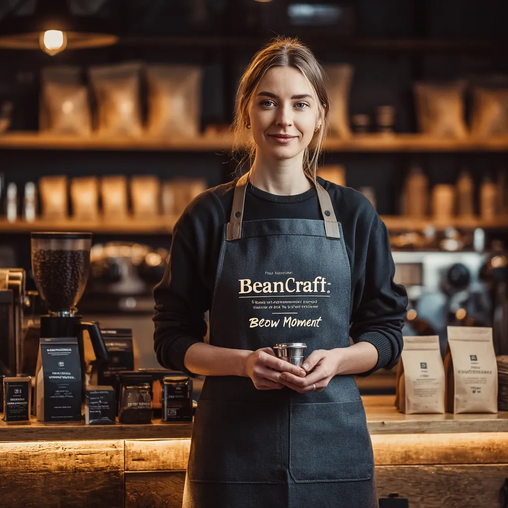 A young woman with blonde hair smiles warmly while standing behind a coffee shop counter. She wears a dark gray apron with "BeanCraft" and "Beow Moment" embroidered on it.  The counter displays coffee beans, grinders, and packaging, suggesting a bustling coffee shop atmosphere.  She holds a small metal coffee filter, showcasing her role in the coffee-making process.  The overall mood is inviting and professional.