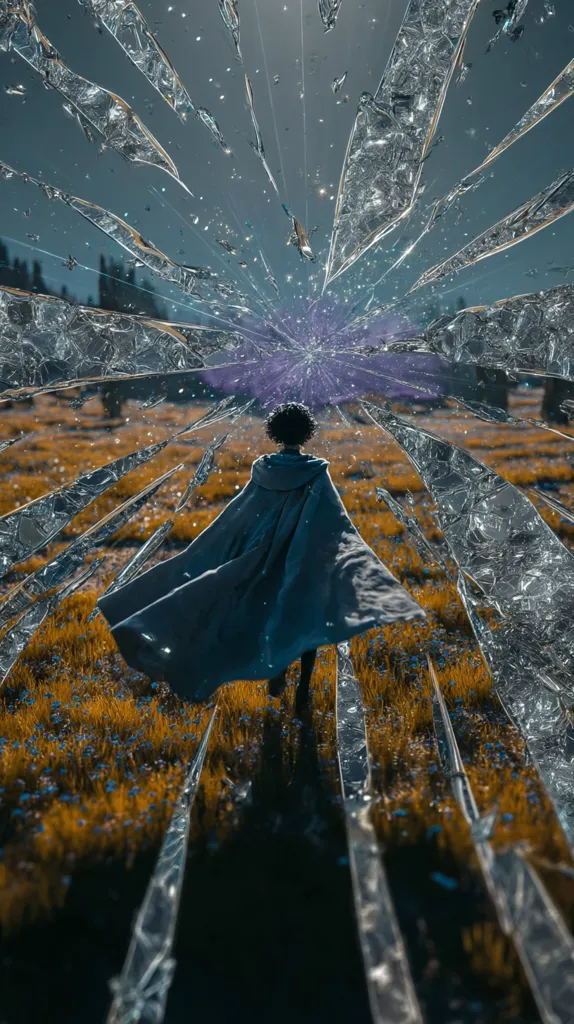 A person cloaked in grey walks away from the viewer through a field of golden grass.  Behind them, a massive shattered pane of glass radiates outwards, creating a dramatic, almost otherworldly effect. The sky is a muted blue-grey, and the overall mood is one of mystery and possibly transition or escape.  The image is highly stylized, with a focus on texture and contrast.