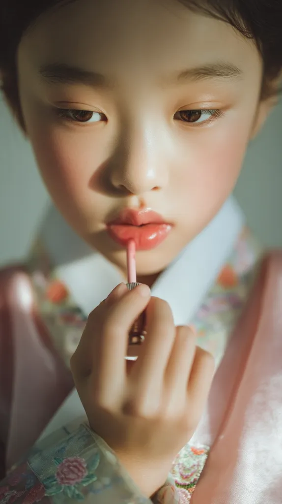 A young girl, dressed in a traditional Korean Hanbok, delicately applies lip gloss.  Soft, natural light illuminates her face, highlighting her smooth skin and dark eyes.  The focus is on the act of applying makeup, creating a serene and intimate moment.  The overall aesthetic is gentle and aesthetically pleasing.