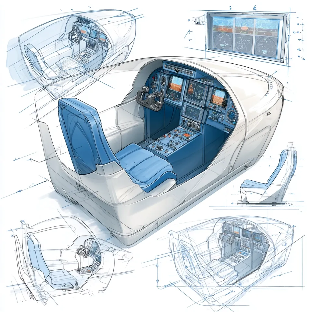 This detailed technical drawing showcases a cockpit design for a small aircraft.  Multiple views are presented, including a three-quarter perspective, cutaways revealing internal structure, and individual component sketches of the pilot's seat and instrument panel.  The design incorporates modern avionics with integrated displays, emphasizing a clean and functional layout.  The style blends rendered realism with technical linework, suggesting a design proposal or concept art.