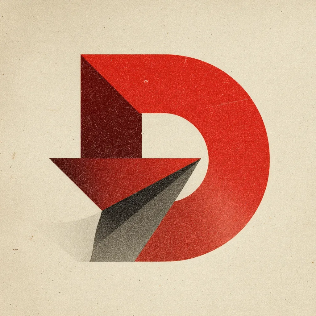 A stylized letter "D" is depicted against a beige background. The "D" is formed from geometric shapes in shades of red and gray.  The design features a downward-pointing arrow integrated within the letterform, creating a dynamic and modern feel. The textured background adds a vintage aesthetic. The overall style is minimalist and geometric.
