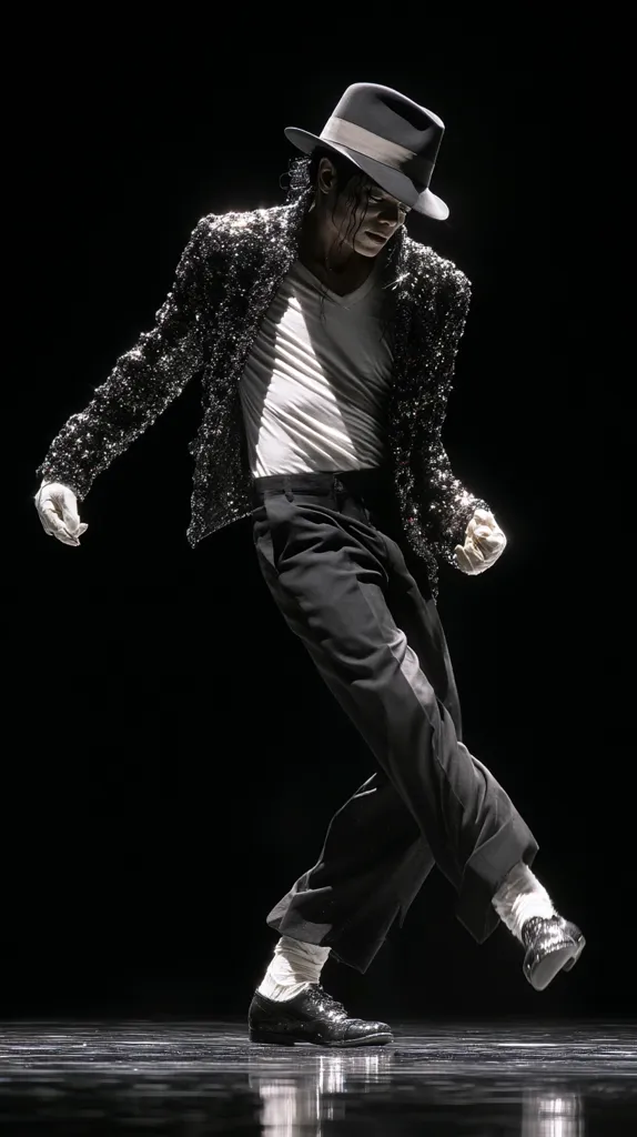 A captivating monochrome image portrays a performer, seemingly inspired by Michael Jackson, mid-dance.  He's dressed in iconic attire: a sequined jacket, white shirt, black pants, and signature white gloves.  His pose is dynamic, legs in motion, a fedora tilted on his head. The dark background emphasizes the figure, highlighting his energetic performance.  The overall aesthetic is one of timeless style and electrifying movement.
