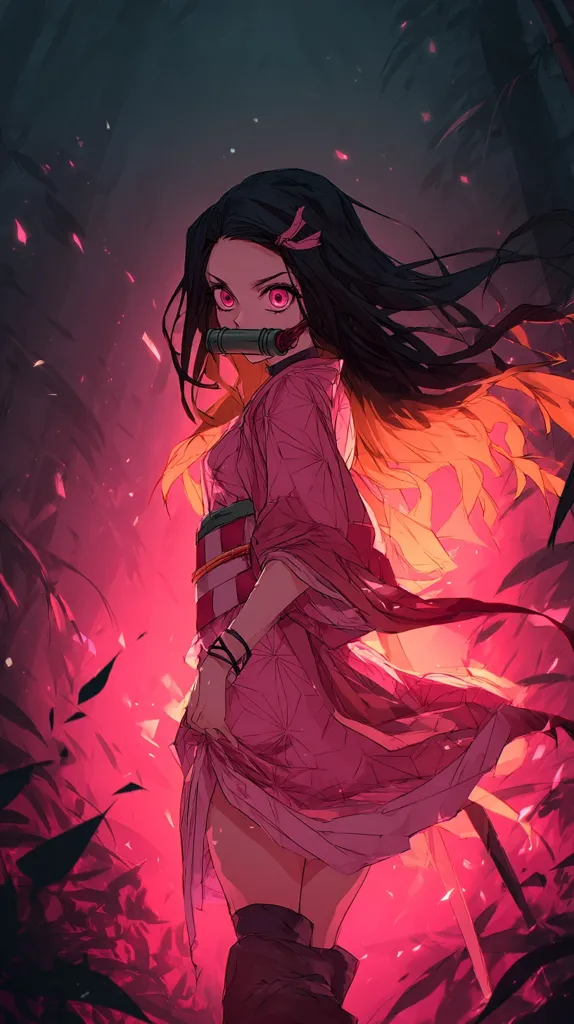 A stylized anime girl with long black hair and vibrant pink eyes stands in a dark forest. She wears a pink kimono-like dress and a black mouth guard.  Surrounding her is a fiery, crimson glow, giving a dramatic and intense atmosphere.  The art style is sharp and detailed, with flowing lines emphasizing movement and energy.