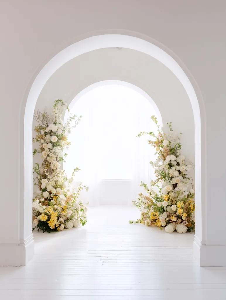 A bright, minimalist room features nested arched doorways.  Lush floral arrangements in creamy whites and pale yellows flank the inner archway, creating a romantic and elegant setting. The whitewashed floor and walls enhance the clean aesthetic, perfect for a wedding ceremony or photoshoot backdrop.  The overall feel is serene and sophisticated.
