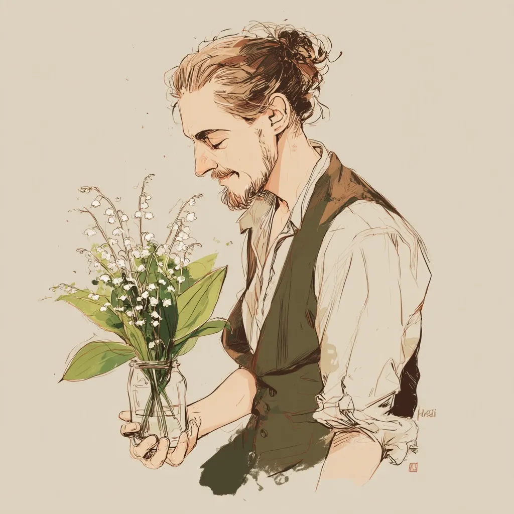 A stylized illustration depicts a man with shoulder-length brown hair tied in a bun, wearing a cream-colored shirt and a dark green vest. He gently holds a glass jar containing a bouquet of lily of the valley, his head bowed slightly as if inhaling their fragrance. The artwork's soft lines and muted color palette create a serene and slightly melancholic mood.  The man's expression is peaceful and contemplative.