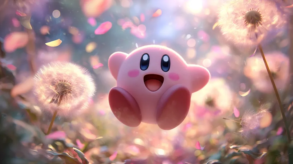 A cheerful, pink Kirby floats amidst a field of fluffy dandelion clocks and delicate pink petals.  Sunlight streams through the scene, creating a dreamy, whimsical atmosphere.  The overall aesthetic is soft, sweet, and evocative of a fairy tale.