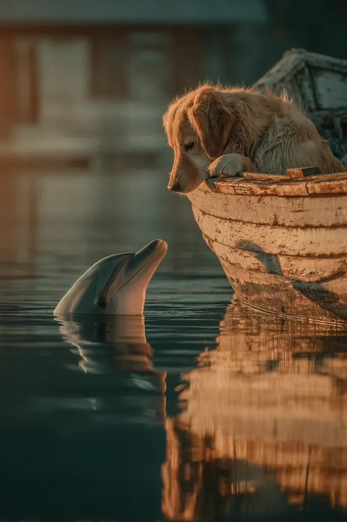 A golden retriever sits in an old wooden boat, gazing at a dolphin surfacing in calm water.  The scene is bathed in the warm glow of sunset.  The dog and dolphin appear to be sharing a peaceful moment, creating a heartwarming image of interspecies connection. The reflection of the boat and the dolphin are visible in the still water.