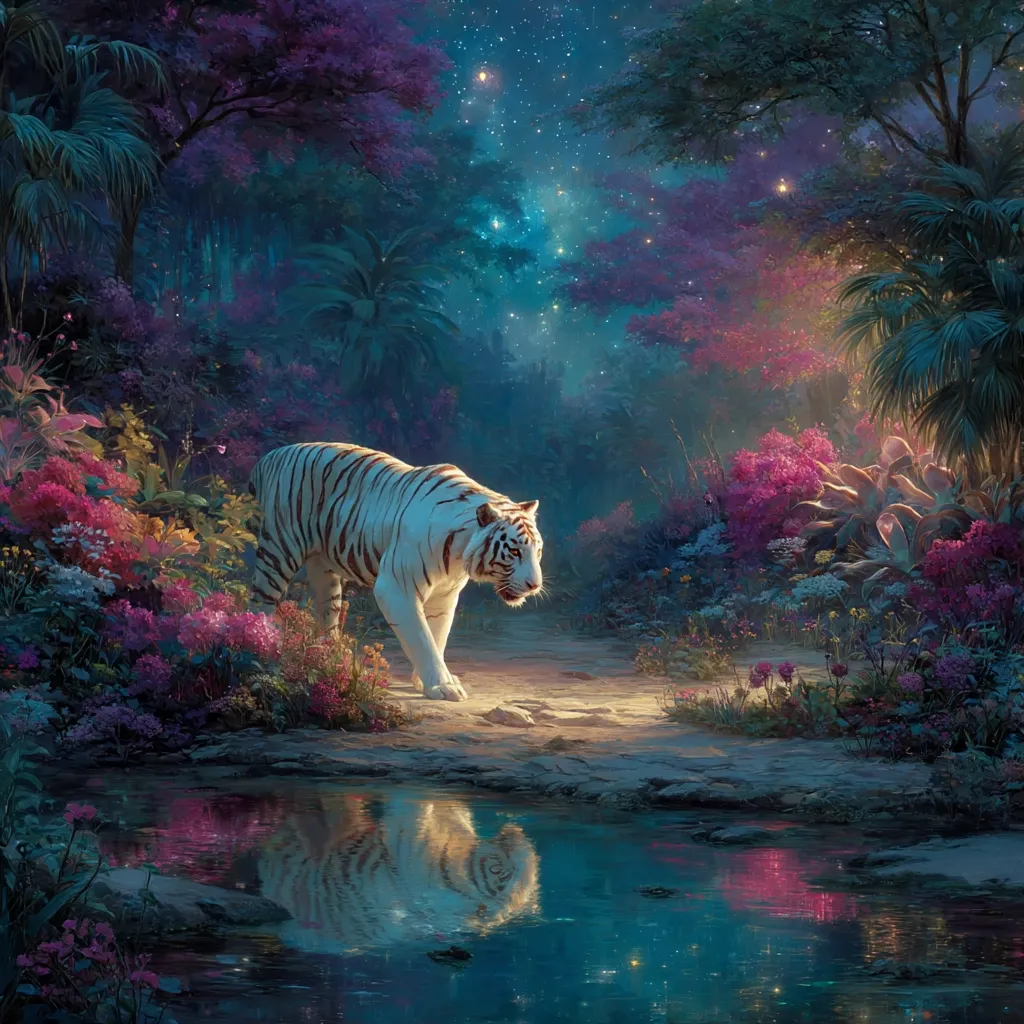 A majestic white tiger gracefully walks along a moonlit path in a vibrant, enchanted forest.  Luminous flowers and lush foliage surround the tranquil pond, reflecting the tiger's serene image.  A starry night sky adds to the mystical ambiance, creating a scene of breathtaking beauty and otherworldly charm.