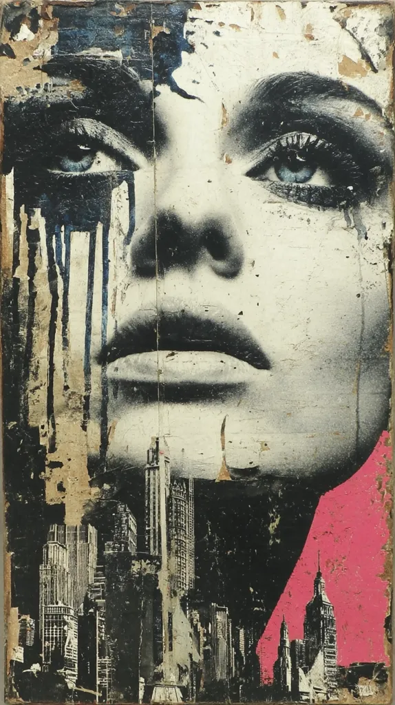 A striking artwork features a close-up of a woman's face, rendered in black and white with a distressed, textured effect.  Tears stream down her face, depicted as dark streaks.  Below, a cityscape, possibly New York, is shown in a contrasting black and white style, set against a vibrant pink background.  The image evokes a sense of urban melancholy and emotional depth.