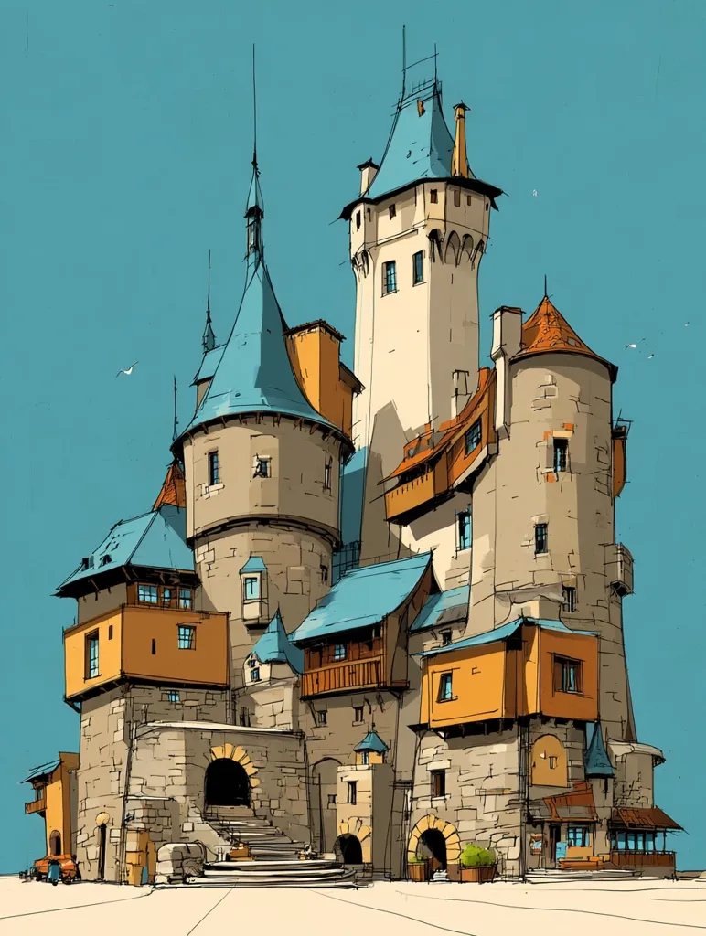 A whimsical illustration depicts a large, stone castle under a clear blue sky.  The castle features multiple towers with teal conical roofs, and various sections in shades of beige and orange.  A large staircase leads to an arched entrance. Smaller buildings are integrated into the castle's structure, creating a blend of fortress and town.  The style is loose and expressive, hinting at a fairytale setting.