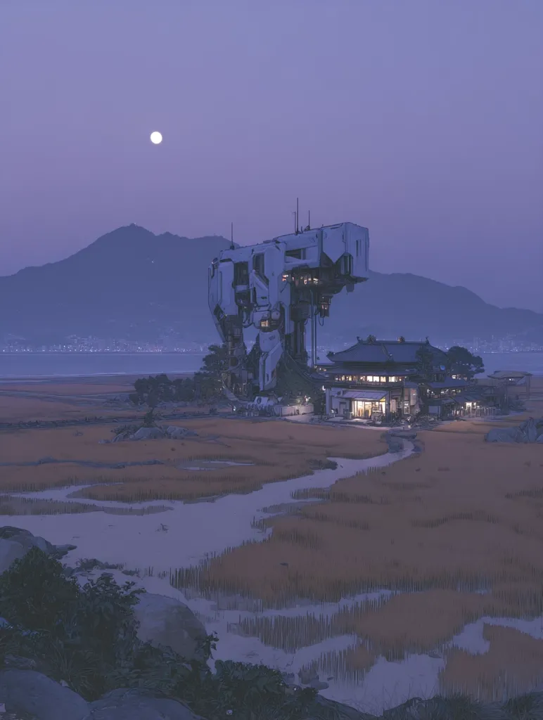 A futuristic, white, geometric structure stands near a traditional Japanese building in a tranquil coastal setting.  The scene is bathed in the soft light of twilight, under a full moon.  A calm waterway meanders through a marshy landscape in the foreground, with distant mountains and city lights adding depth to the composition. The overall mood is serene and subtly juxtaposes the old and new.
