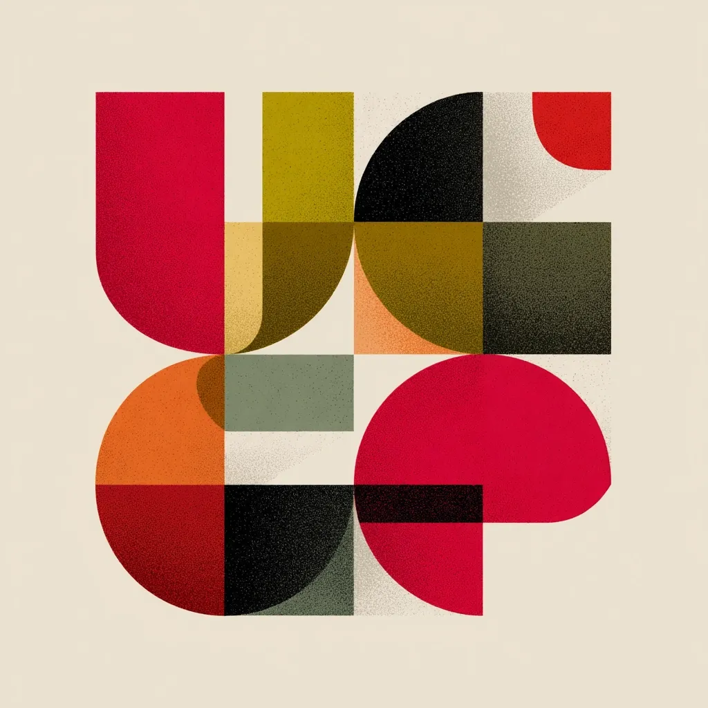 A geometric abstract artwork features a composition of overlapping circles and squares in various shades of red, orange, green, and black.  The shapes are subtly textured, giving a slightly granular appearance. The overall design is reminiscent of mid-century modern art, with a clean and balanced aesthetic.  The color palette is warm and muted, creating a sophisticated and visually appealing piece.