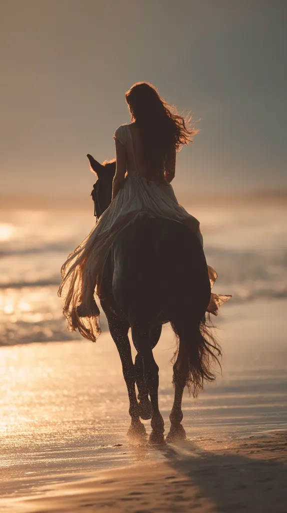 Silhouetted against a sunset, a woman in a flowing gown rides a dark horse along a wet sandy beach.  The warm light bathes the scene, highlighting the woman's long hair and the horse's graceful gait.  The ocean waves gently lap the shore as the pair move towards the viewer, creating a serene and idyllic image.